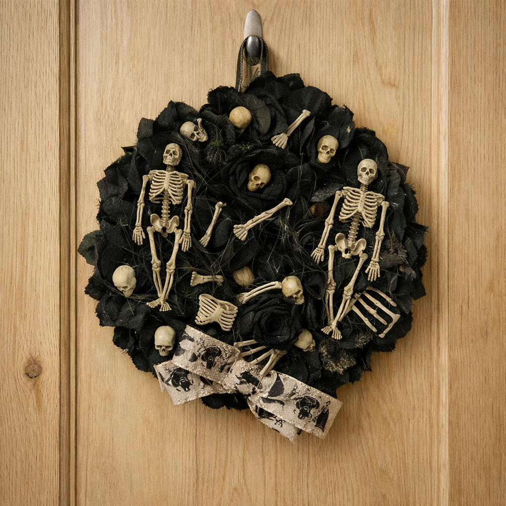 black wreath of flowers full circle with bone parts and skeletons and an anatomy boy at the bottom
