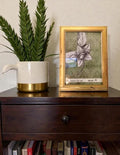 Desk with plant, Gilded framed Deadly Garden Mandrake flower drawing in pen & ink with decorative paper signed