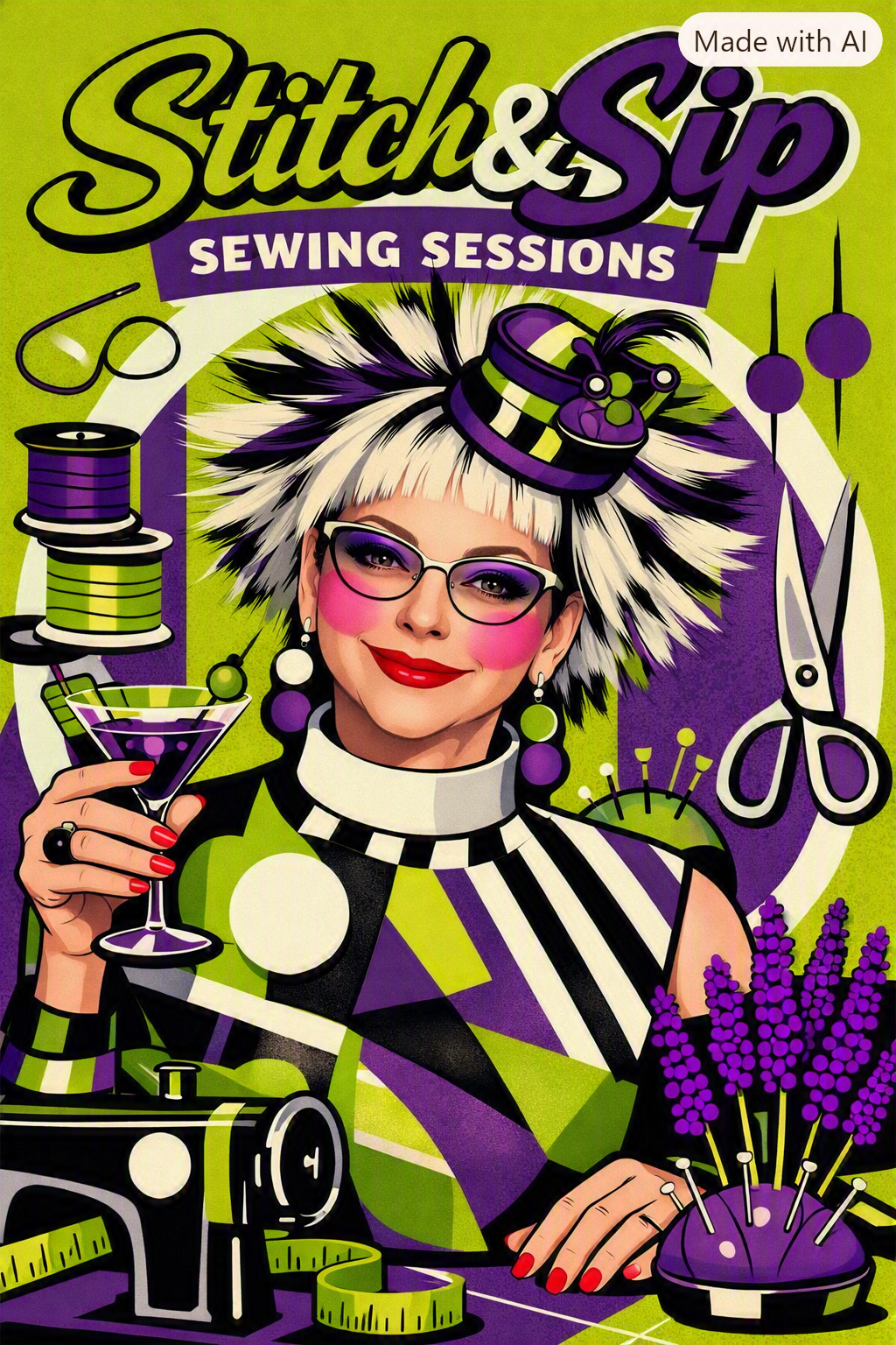 Illustrated cover art for 'Stitch & Sip Sewing Sessions' featuring a stylized woman with spiky white hair, glasses, and a purple-and-green striped outfit, surrounded by sewing-themed objects like a sewing machine, scissors, spools, and lavender on a bright green background. I had AI use a photo we created together and make me a STITCH & SI cover for my videos and such. It dis not disappoint, I think this may be the new me invented by AI